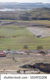 Trekkers Family Descending The Castle Of Belmez Path, Cordoba, Spain. Overhead Shot From The Top Of The Tower