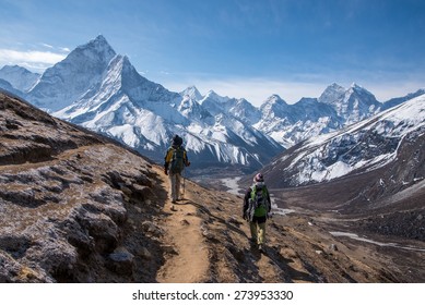 Trekkers walking on the way to Everest base camp, Nepal