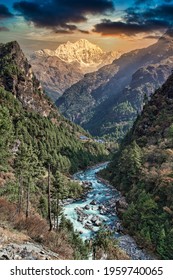 Trekking In The Himalayas : Stunning Mountain Views On The Mount Everest Trekking Route, Nepal. Ama Dablam Summit And Peak In The Frame