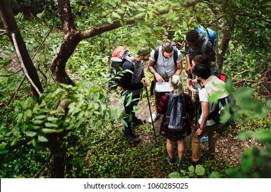 Trekking together in a forest