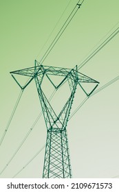 Trellis Used For The Transport Of Electricity In High Voltage, Monochromatic Image With Green Lights, Concept Of 