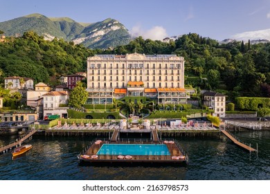 Tremezzo, Italy - June 04, 2022: Grand Hotel Tremezzo Facade And Floating Pool Aerial View With No People.