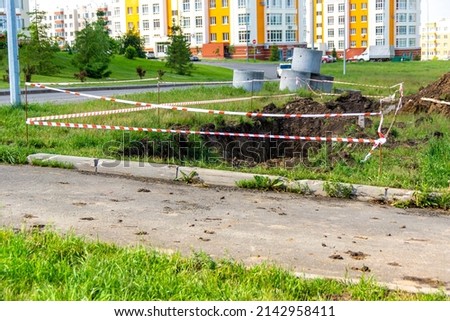 trenchless method - horizontal drilling when laying underground utilities - a pipeline network under the roadway without disturbing the improvement and destruction of roads, selective focus Foto d'archivio © 