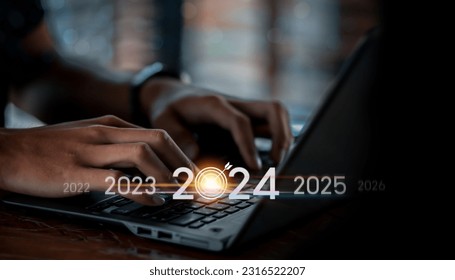Trend of 2024. people business investor using laptop with virtual 2024 year diagram, business trend, change from 2023 to 2024, strategy, investment, business planning and happy new year concept