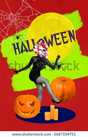 Trend artwork 3D collage design of young woman masquarade custume mexican tradition celebration halloween decorations pumpkin spooky fun