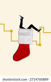 Trend artwork collage template composite of graphics line huge size socks human legs hang up winter tradition newyear holiday christmas.