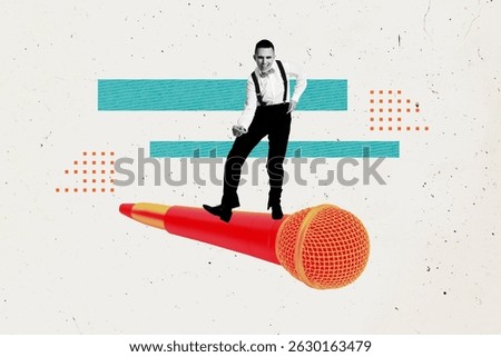 Trend artwork collage template composite sketch of gentleman young guy dance microphone sing song party rest entertainment event nightclub