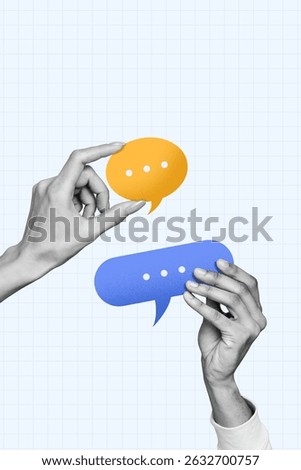 Trend artwork collage template composite sketch of body fragment two hands hold speech cloud mind speech feedback thought communication
