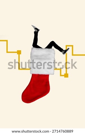 Trend artwork collage template composite of graphics line huge size socks human legs hang up winter tradition newyear holiday christmas.