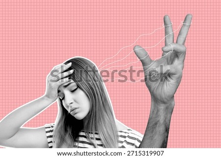Trend artwork collage template composite sketch of worry anxiety mind burnout overwhelmed young lady hold head gesture thread connect.