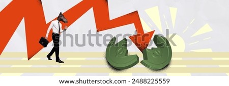 Trend artwork composite collage of horizontal panorama trader business young man horse head walk lose money arrow destroy coin copyspace