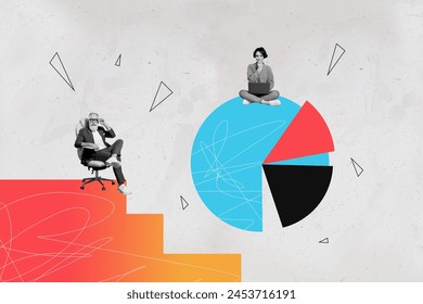 Trend artwork composite image 3D photo collage of black white colleagues boss man lady teamwork work laptop hold on legs sit on diagram
