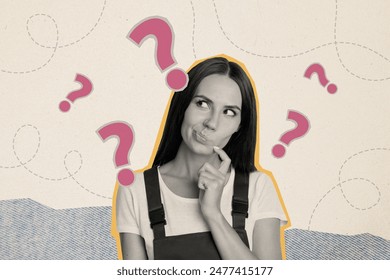 Trend artwork composite sketch collage of silhouette young pensive lady thoughtful look ask question need answer solve puzzle find idea