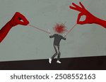 Trend artwork composite sketch image photo collage of huge hand appear show gesture ok hand hold rope puppet manipulation mess stress