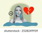 Trend artwork composite sketch image 3D photo collage of young sad face emoji sticker lady cry water drops broken heart unloved divorce