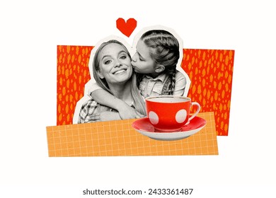 Trend artwork composite sketch image 3D collage of school age daughter hug kiss cheek mom tea break holiday together parenthood - Powered by Shutterstock