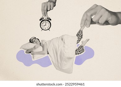 Trend artwork composite sketch image collage of silhouette clock bed time good morning young woman wear pajama hug pillow sleep relax