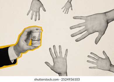 Trend artwork composite sketch image collage of silhouette businessman hand hold roll money dollar salary earnings arms appear reach out - Powered by Shutterstock