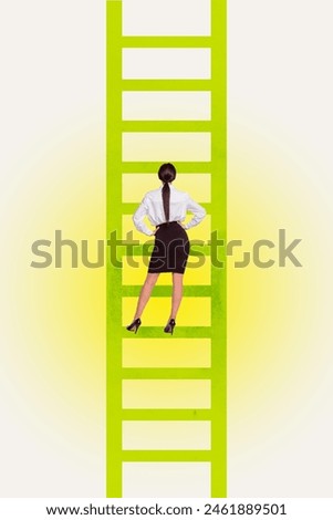 Trend artwork composite sketch image 3D collage of young confident lady office manager stand on stairs growth leader level up motivation