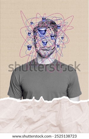 Trend artwork composite sketch image photo collage of portrait human face hole empty space young man confused open mouth scream stress