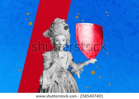 Trend artwork creative sketch 3D collage of young lady finger gesture shh hand hold shield hero knight conqueror ancient clothing costume