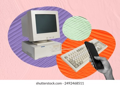 Trend artwork image composite photo collage of workspace hand hold laptop computer monitor office workplace technology keyboard smartphone - Powered by Shutterstock