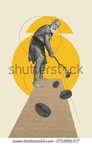Trend artwork poster composite image collage of aged man stand hand hold ancient hammer pull coffee beans cromagnon costume anthropology.