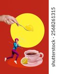 Trend artwork sketch design montage 3D collage of rest coffee enjoy flavor tea small size lady run spoon honey lemon healthy retro style