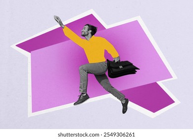 Trend artwork sketch design montage 3D collage of young guy run aim target goal hold suitcase office manager student abstract space - Powered by Shutterstock