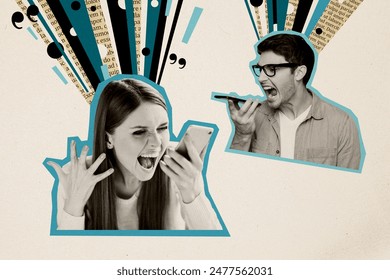 Trend artwork sketch image composite collage of silhouette young guy woman couple hand hold smartphone call talk angry divorce break up - Powered by Shutterstock