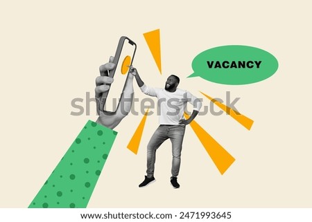 Trend artwork sketch image composite 3D photo collage of huge hand hold smartphone display button touch finger young man find job vacancy