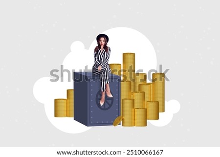 Trend artwork sketch image composite photo collage of workspace pay payment credit pile coins gold money woman sit safety box