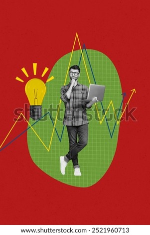 Trend artwork sketch image composite photo collage of workspace online sms trader man hand hold laptop stand think stats idea lamp light