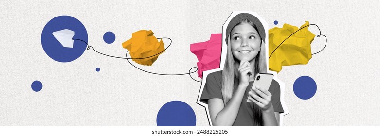 Trend artwork sketch image photo collage of horizontal panorama silhouette paper plane message fly origami young schoolage girl blog phone