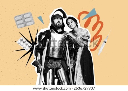 Trend artwork template 3D collage sketch of hero young man ill pain stand crutches lady support care health pills sirynge vintage soldier
