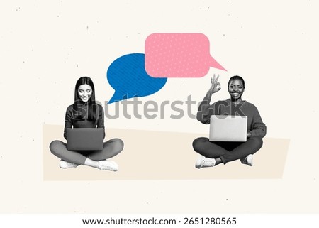 Trend artwork template design 3D collage sketch of two young lady sit work laptop speech cloud app dialog conversation speech sticker