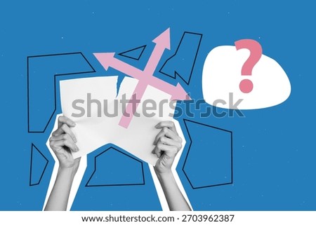 Trend artwork template design 3d collage sketch of human hands hold question mark bubble map lost way arrow difficulty problem.