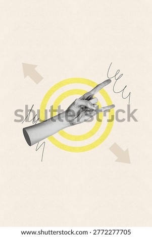 Trend collage of human hand make rock sign front aim dartboard on pastel background.