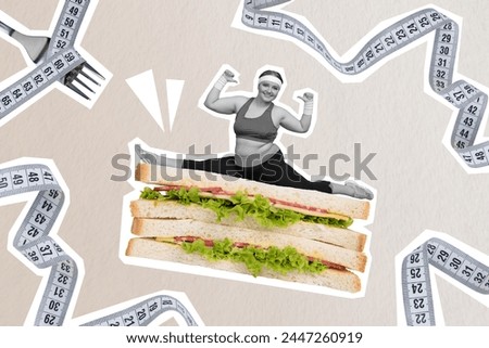 Trend composite sketch artwork image 3d collage photo of black white silhuette young lady do stretching on huge sandwich ruler fork