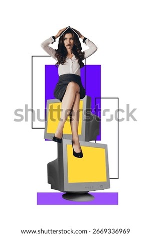 Trend composite sketch template 3D collage of young lady cover head book sit retro computer information server hacker cyberspace internet