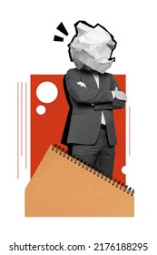 Trend Pinup Collage Of Clever People Manager With Crumpled Paper Trash Dccument Folded Arms Doing Paperwork Notebook Isolated