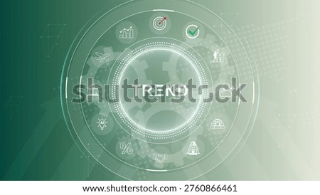 Trend searching concept. Searching information data on internet networking to initiative trends. Searching for upcoming business trend. 3d Motion graphics of technology icon interface background