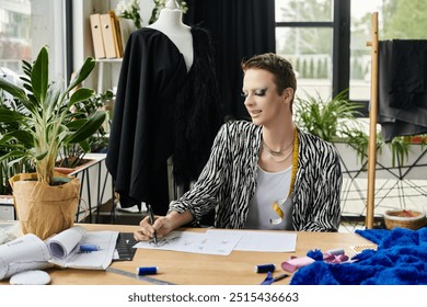 A trendsetting transgender fashion designer collaborates in their vibrant studio, creating unique clothing sketches. - Powered by Shutterstock