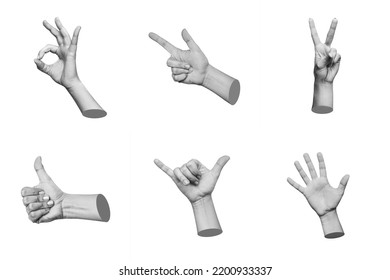 Trendy 3d collage female hands showing gestures such as peace  thumb up  the ok  shaka  point to object  greeting isolated white background  Contemporary art in magazine style  Modern design