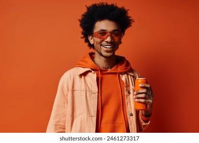 Trendy African American man in orange hoodie holding an orange juice can on vibrant orange background. - Powered by Shutterstock