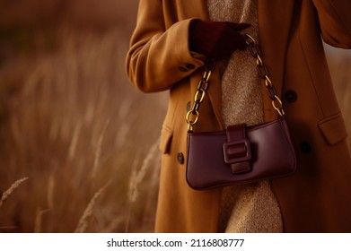 Trendy autumn fashion details: leather baguette bag, handbag. Woman wearing brown autumn coat, holding purse, posing, in nature. Copy, empty space for text
