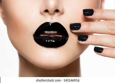 Trendy Black Caviar Manicure And Black Lips. Fashion Makeup And Manicure. Nail Art