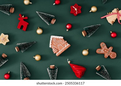 Trendy Christmas pattern made of various winter and Xmas objects on green background. Minimal creative Christmas and New Year concept. Festive holiday pattern backdrop. Christmas aesthetic. Flat lay. - Powered by Shutterstock