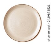 Trendy Circle Beige sand grain texture handmade Ceramic Dish plate, top view stoneware plate isolated white. 