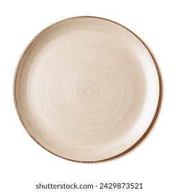 Trendy Circle Beige sand grain texture handmade Ceramic Dish plate, top view stoneware plate isolated white.  - Powered by Shutterstock